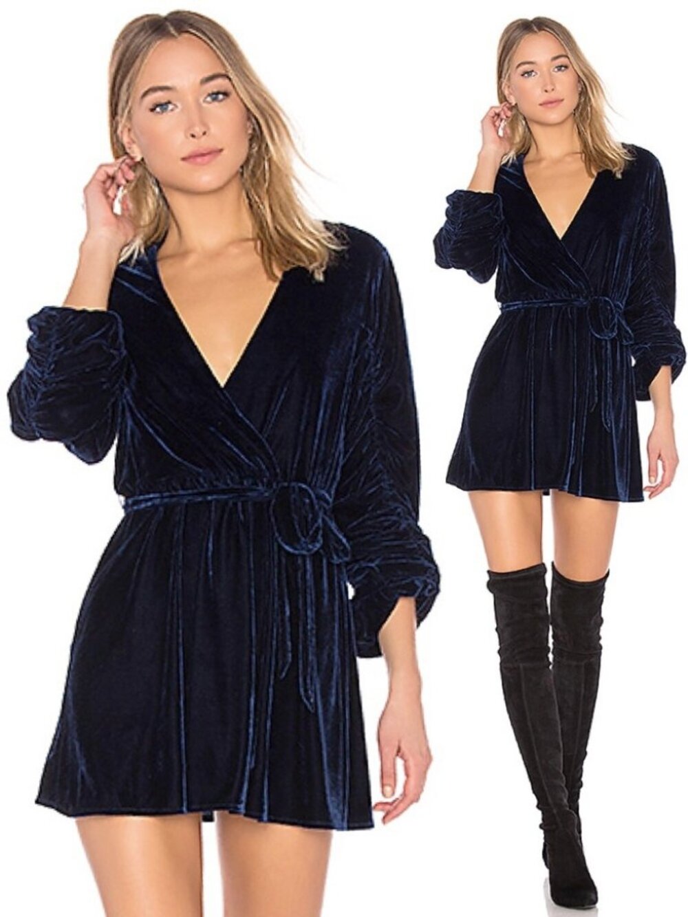 TULAROSA Tawney Mini Velvet Dress M Midnight Blue Belted V Neck Velour Sexy $168
